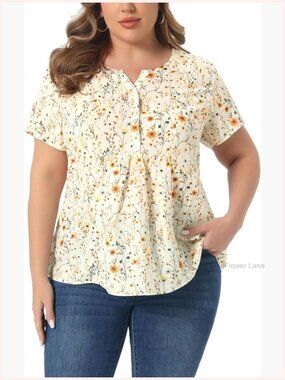Plus Size Floral Blouse Half Placket Short Sleeve Casual Top